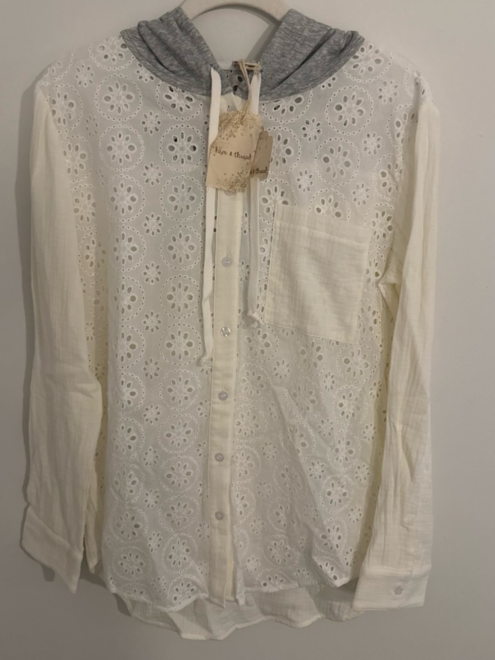 Hem & Thread Ivory Eyelet Hooded Button-Front Top